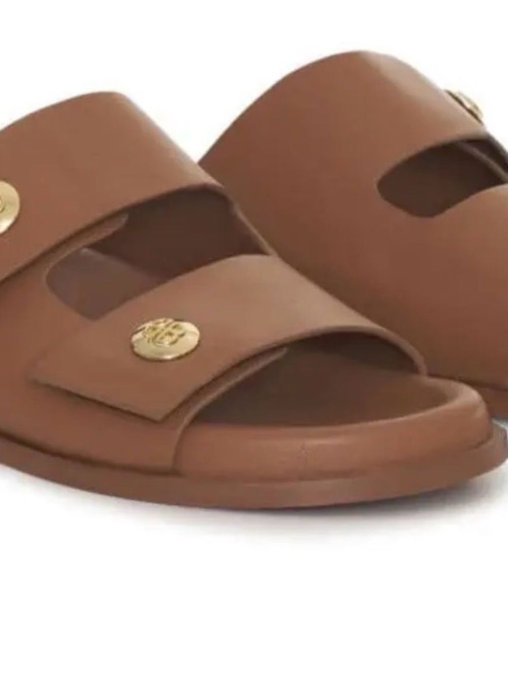 Anine Bing Tan Double-Strap Slide Sandals with Gold Logo Buttons